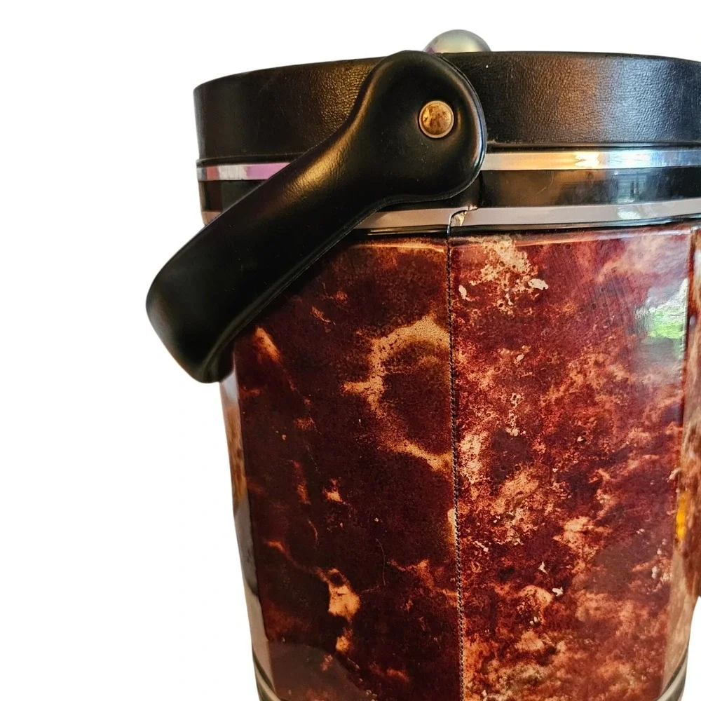 1970s Elmar Mfg Faux Tortoise Shell‎ Ice Bucket Mid Century Modern Burgundy MCM